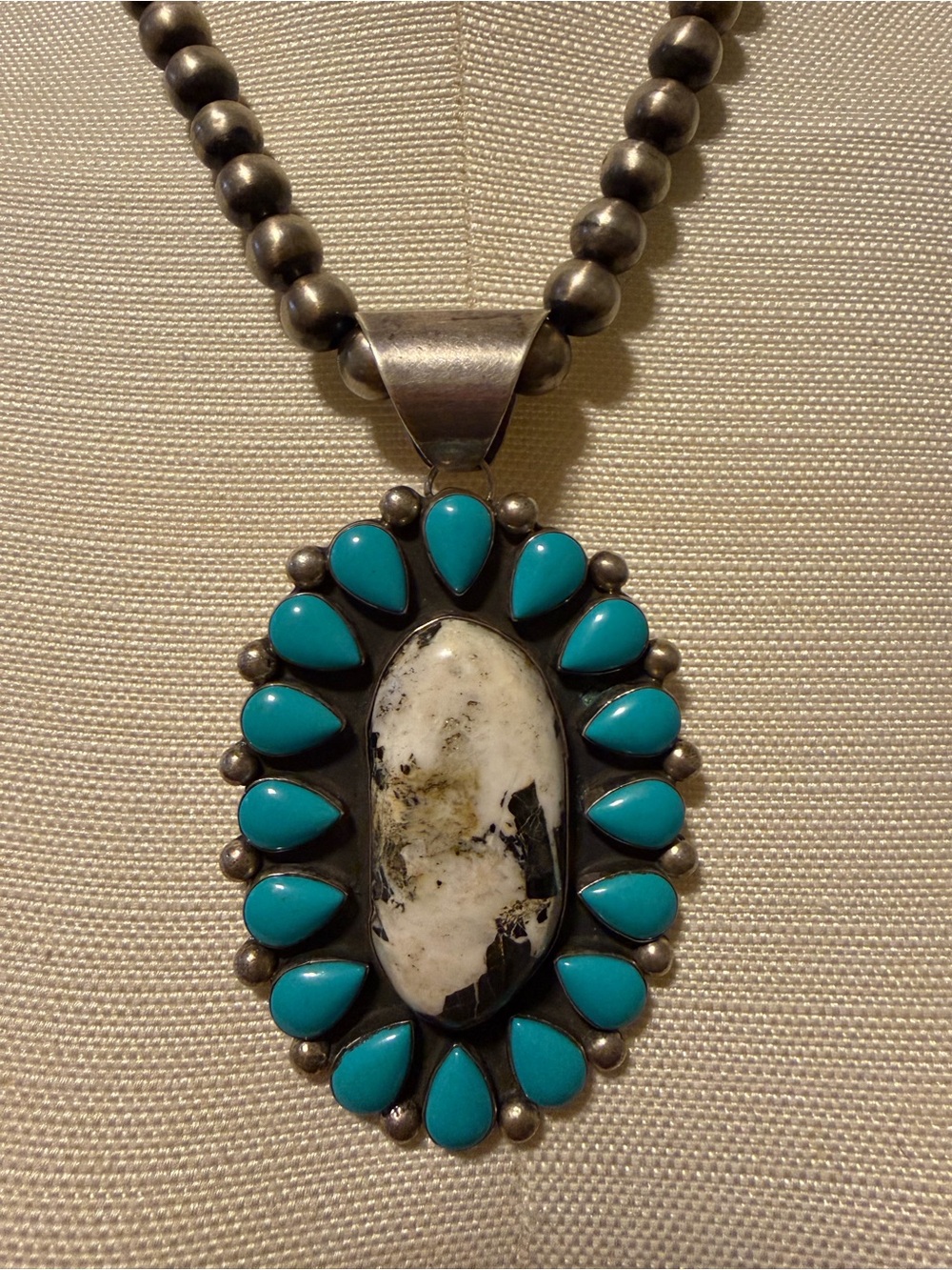 HUGE NATIVE Chimney Butte turquoise and White Buffalo Sterling Pendant
